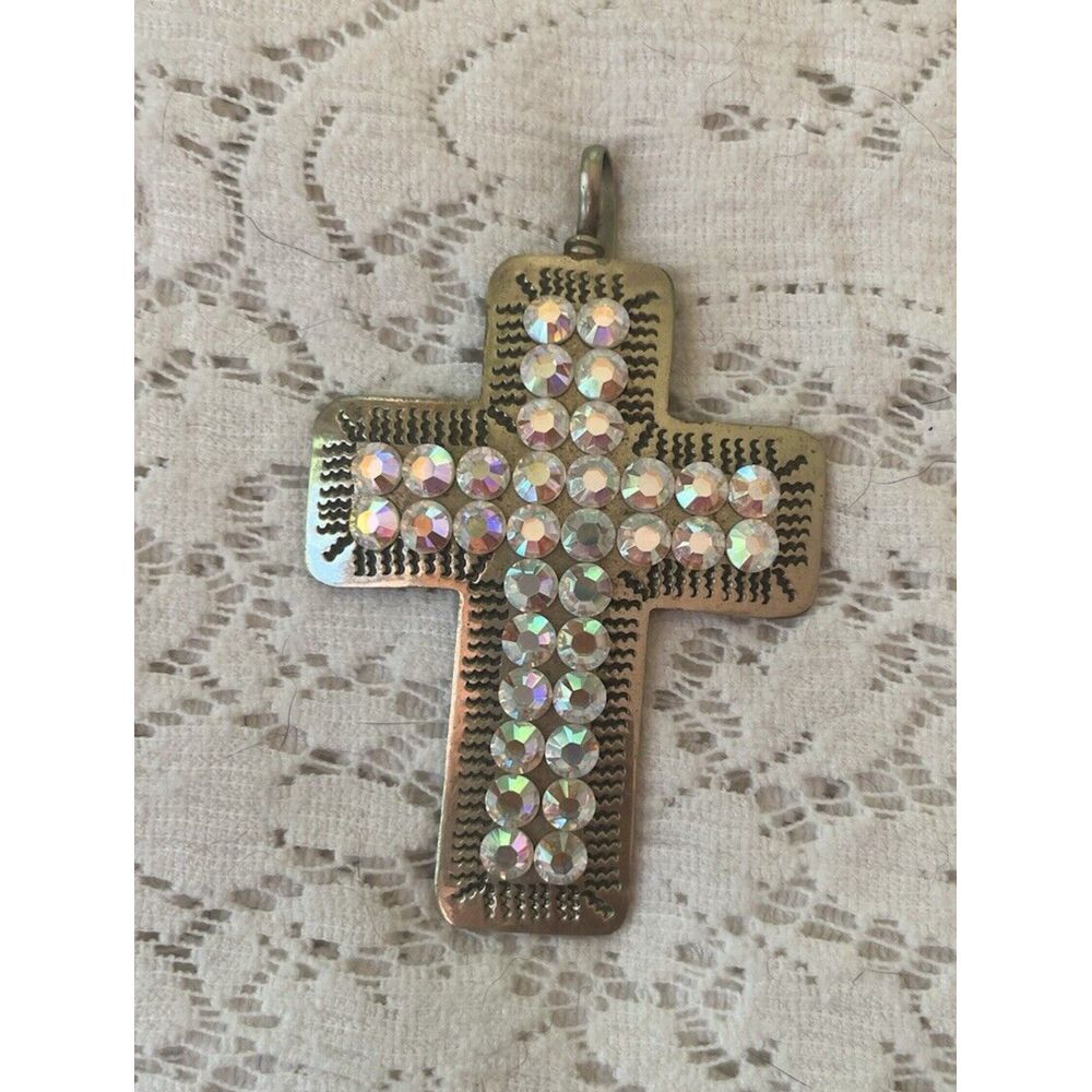 Large Silver Tone Cross‎ Pendant Southwestern Design Rhinestone Beaded White